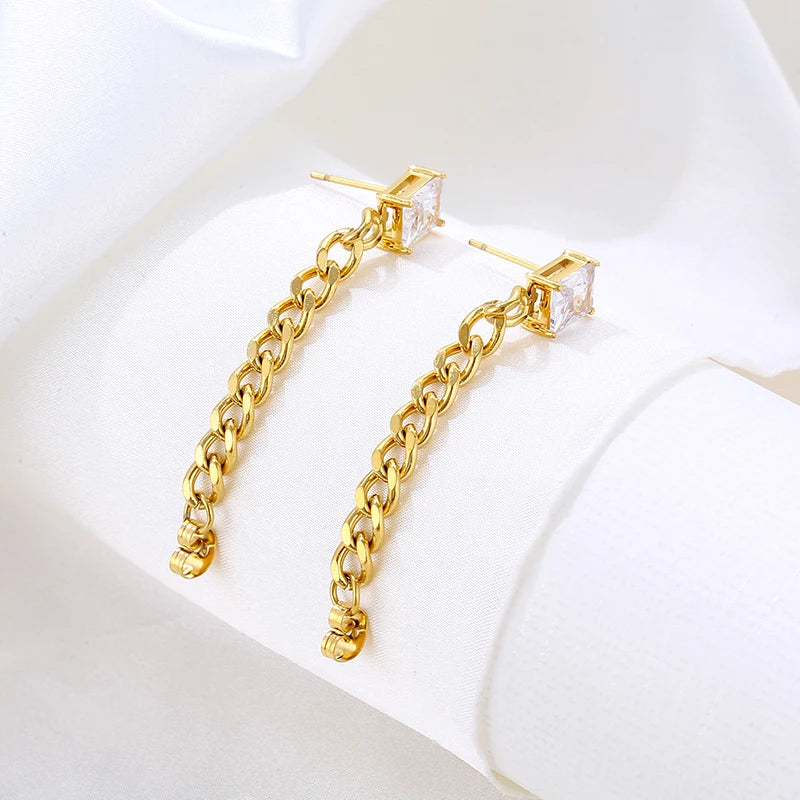 18K Gold Plated Fashion Jewelry Steel Link Chain Tassel Stud Earrings Green Zirconia Zircon Main Stainless Steel