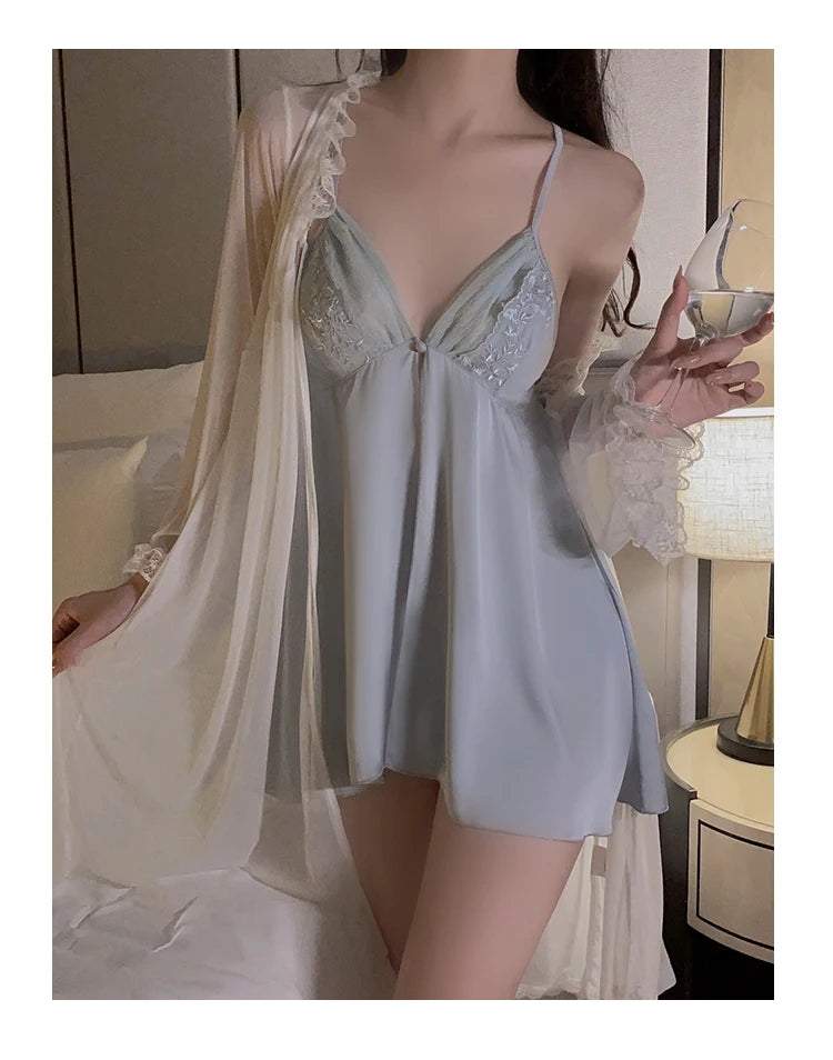 Women Satin Pajamas Short Set Nightgown With Silk Robe