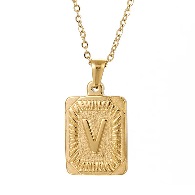 18k Gold Men'S Necklace Square Stainless Steel Letter Pendant English Letter Necklace Pendant For Men