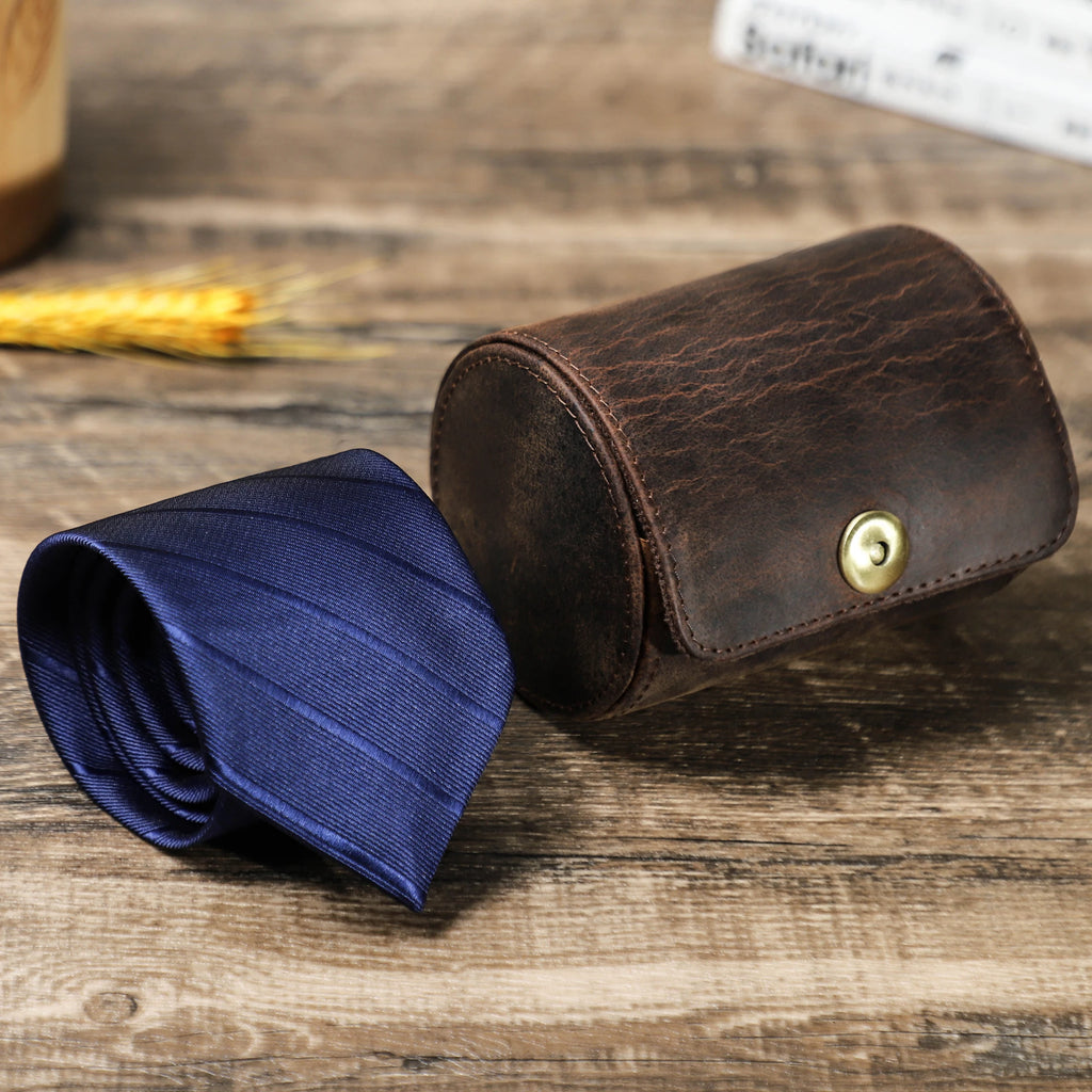 Genuine Vintage Leather Neck Tie Holder with Anti-Wrinkle Storage Men's Travel Tie Roll Case