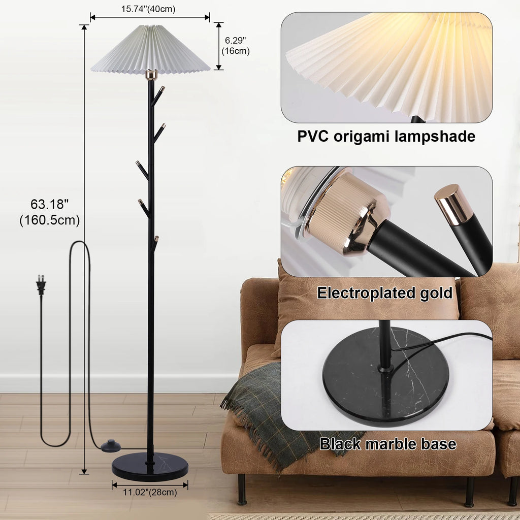 Modern Floor Lamp with Pleated Fabric Shade, Retro Black Gold Coat Rack Standing Light with 9W Bulb & Foot Switch for Bedroom