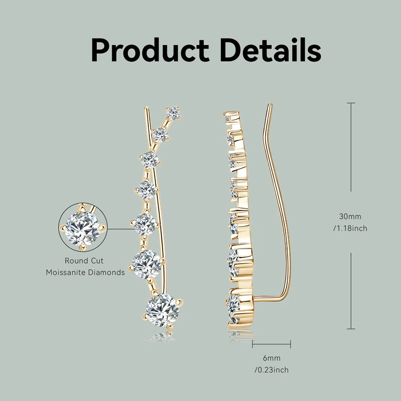 Round 4.5mm Moissanite 925 Sterling Silver Unique Climber Earrings for Women