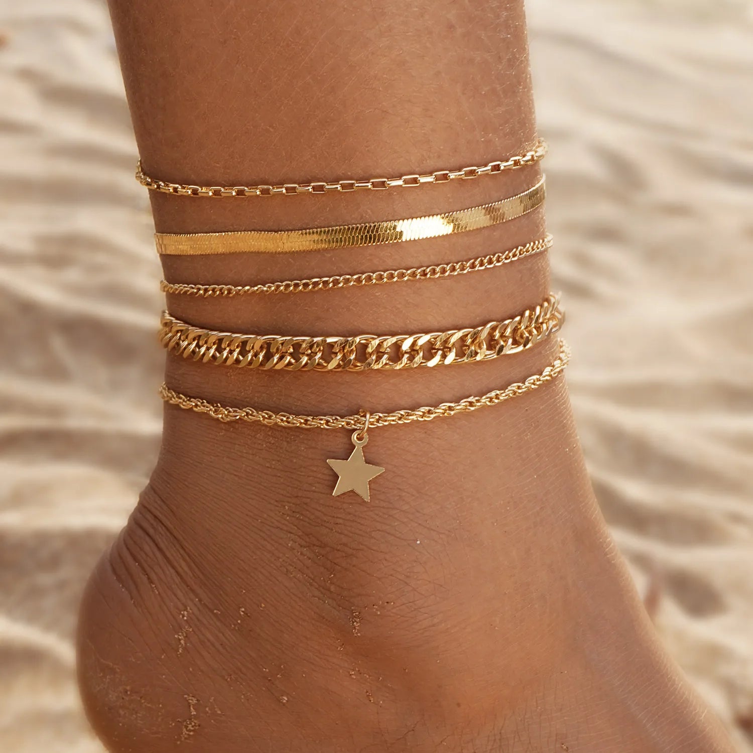 Women Fashion Jewelry Blue Eyes Pendant Snake Chain Pearl Star Gold Plated Multilayer Anklet Set