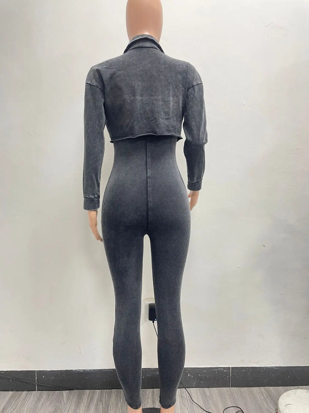 Two Piece Set Y2K Bodycon Acid Wash Jumpsuit With Jacket Light Washed 2 Piece Set Woman Jumpsuit