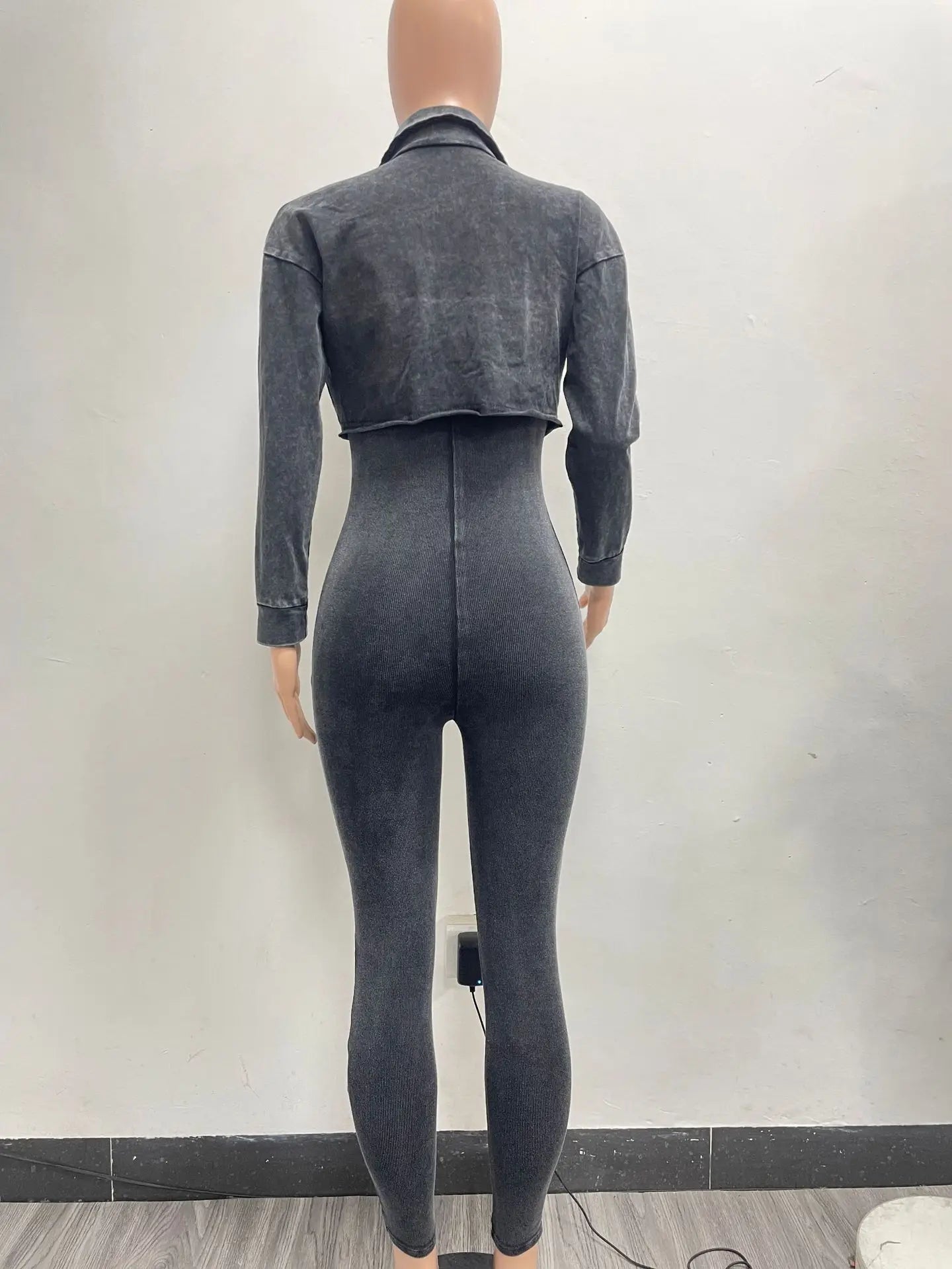 Two Piece Set Y2K Bodycon Acid Wash Jumpsuit With Jacket Light Washed 2 Piece Set Woman Jumpsuit