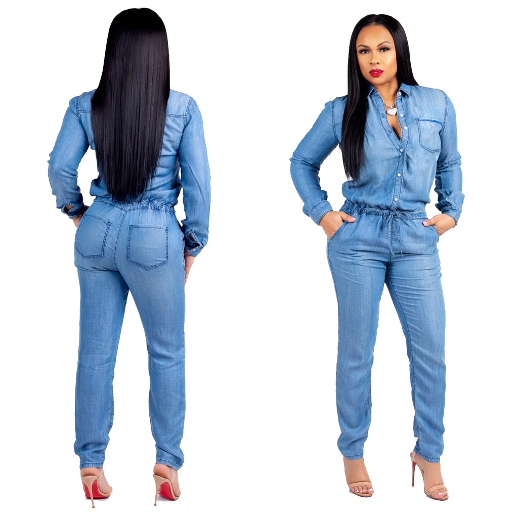 Women's High-Waist Sexy One-Piece Pants Long Sleeve Button Lapel Stretch Casual Jeans Jumpsuit