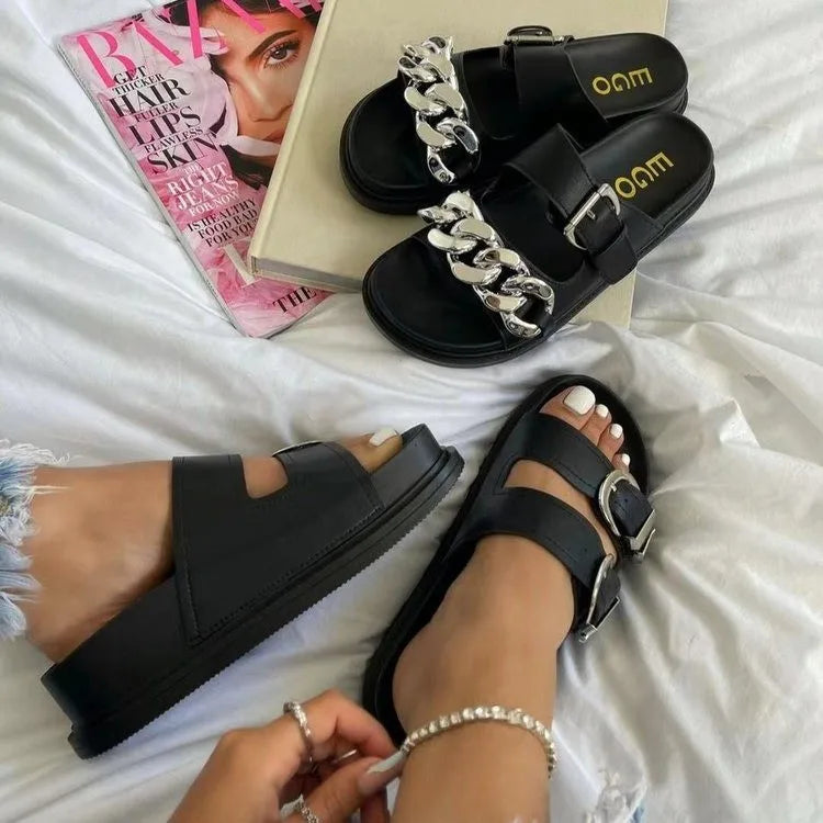Ladies Shoes Flat Casual Fashion Chain Belt Slipper Women Beach Outdoor Casual Slipper