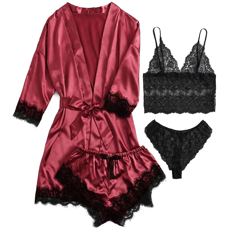 4pcs Satin Babydoll Sexy Lingerie For Women