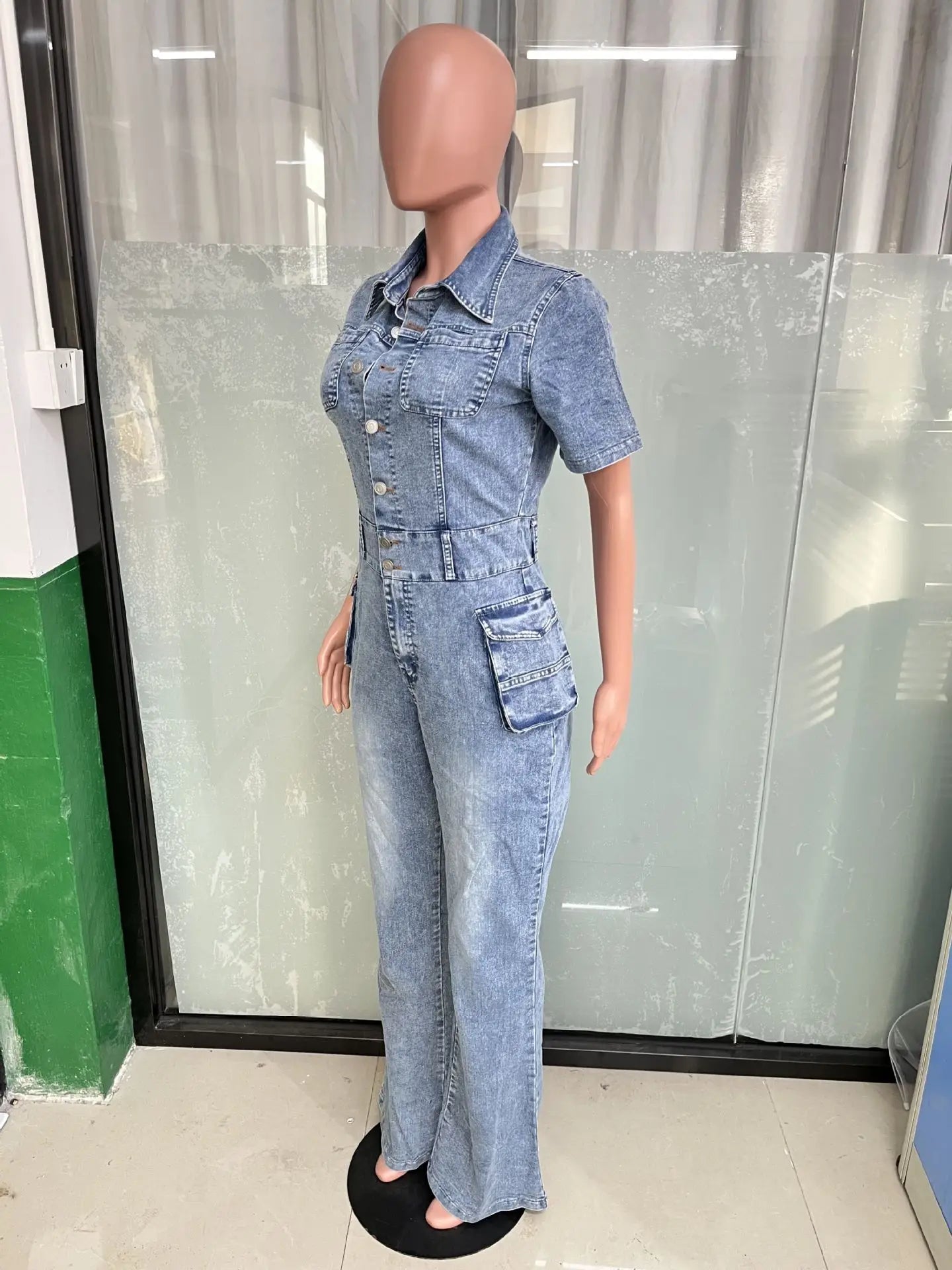 Denim Romper Tight Waist Slim Stretch Denim Romper Short Sleeve Top Flare Pants Jumpsuit