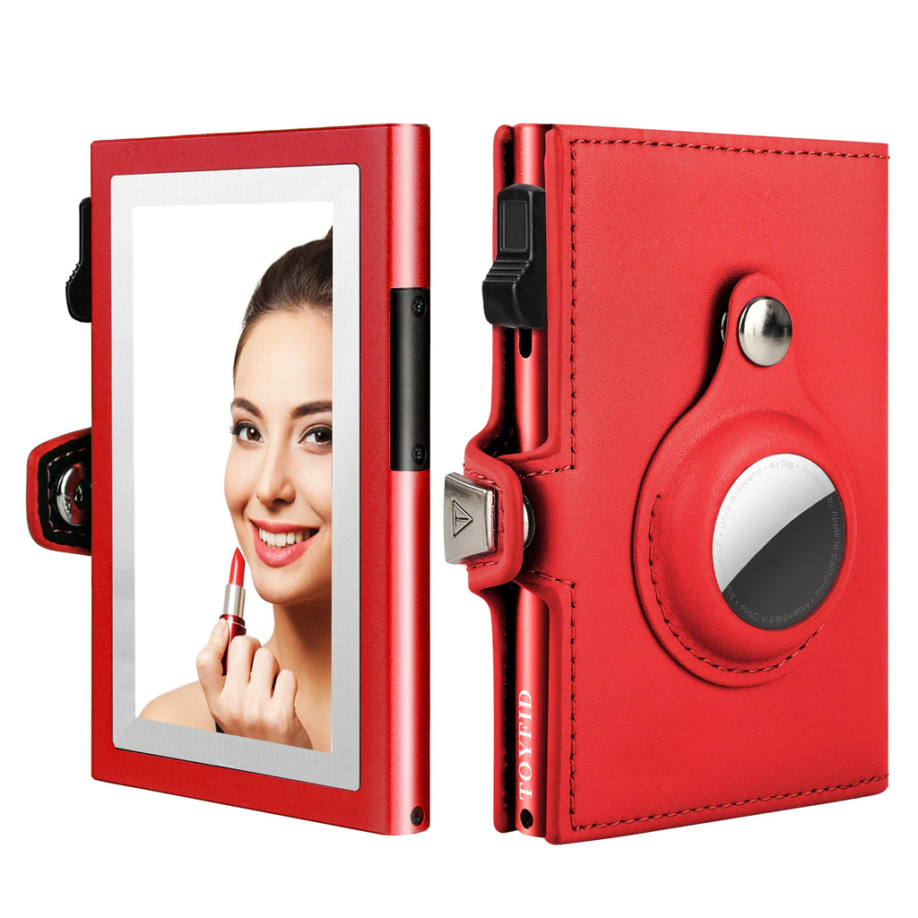Daily Use Thin Leather RFID Blocking Ladies Card Holder with Cosmetic Mirror and Coin Purse