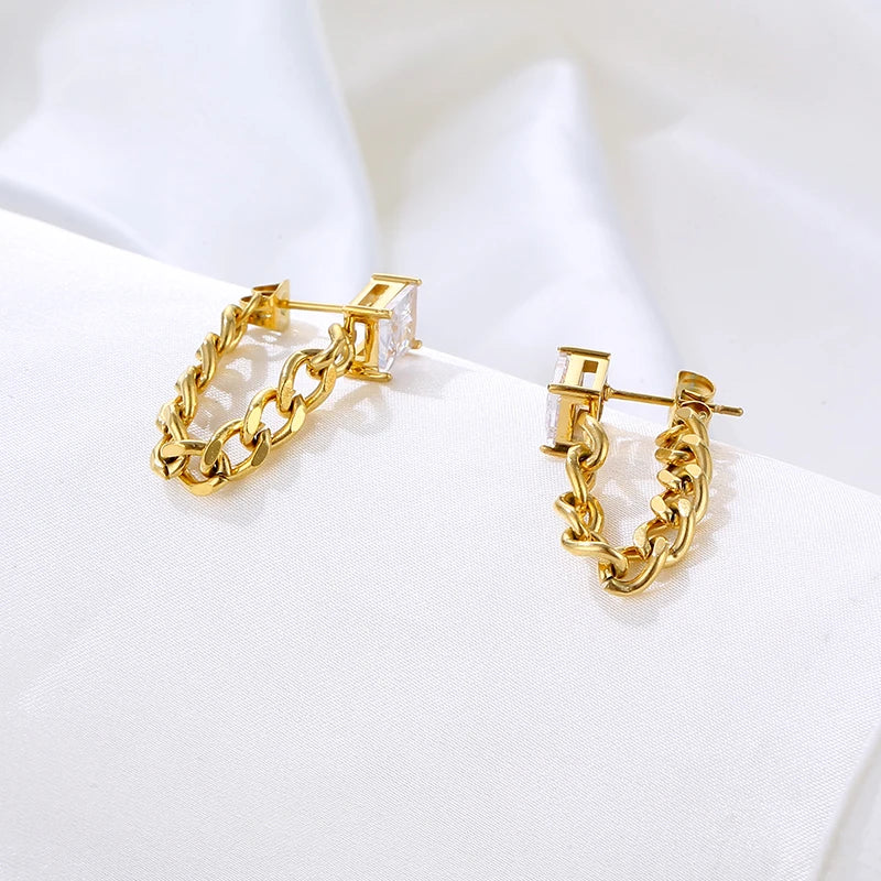 18K Gold Plated Fashion Jewelry Steel Link Chain Tassel Stud Earrings Green Zirconia Zircon Main Stainless Steel