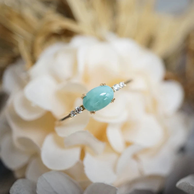 Gemstone Rings Natural Larimar Ring for Women 925 Sterling Silver K Gold Plated Sea Pattern Blue Stone Fine Jewelry