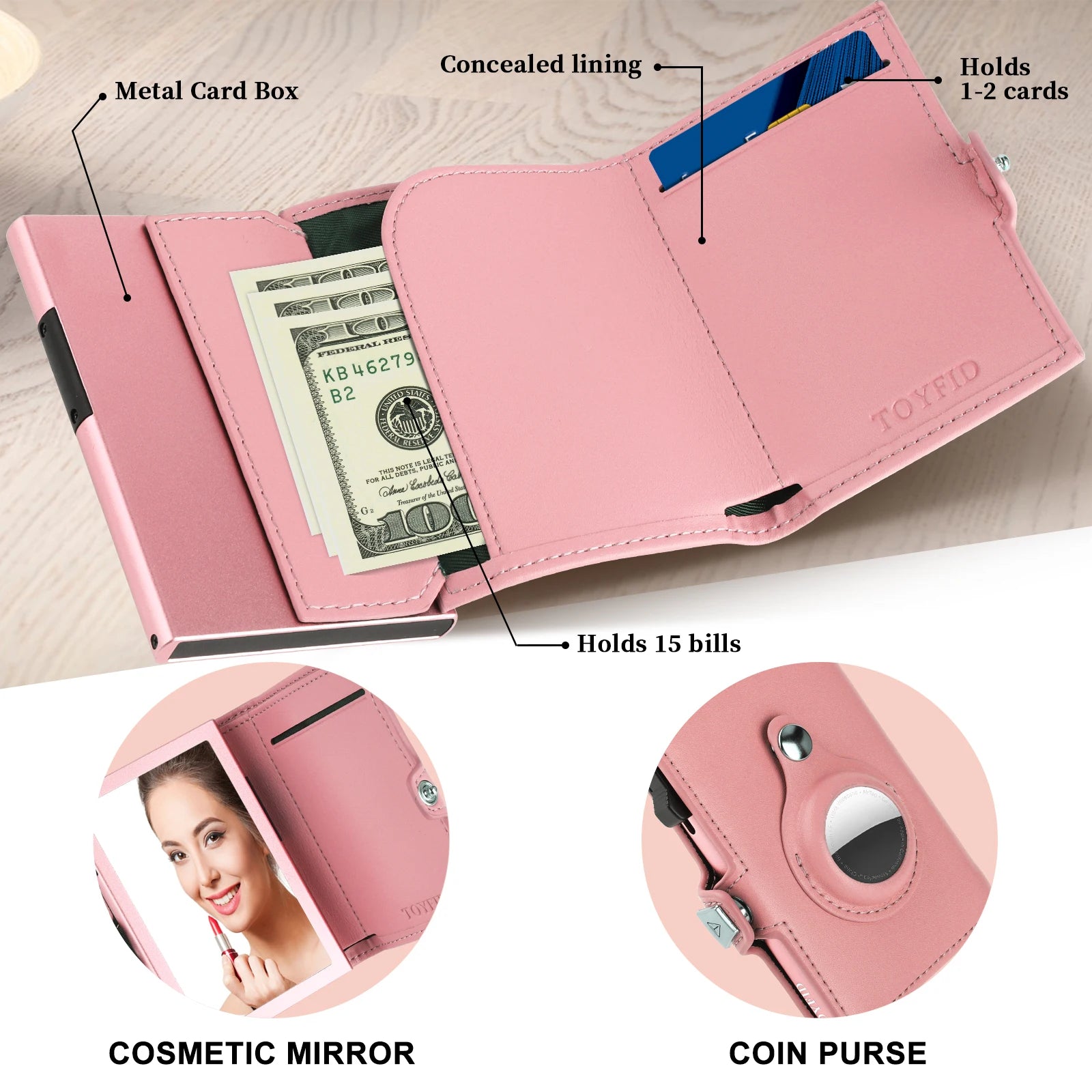Daily Use Thin Leather RFID Blocking Ladies Card Holder with Cosmetic Mirror and Coin Purse