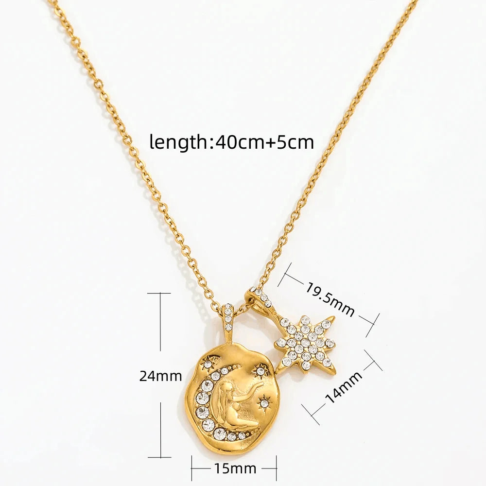 18k Gold Plated Waterproof Tarnish Free Moon Star Sun  Zirconia Coin Pendant Stainless Steel Necklace Fashion Jewelry