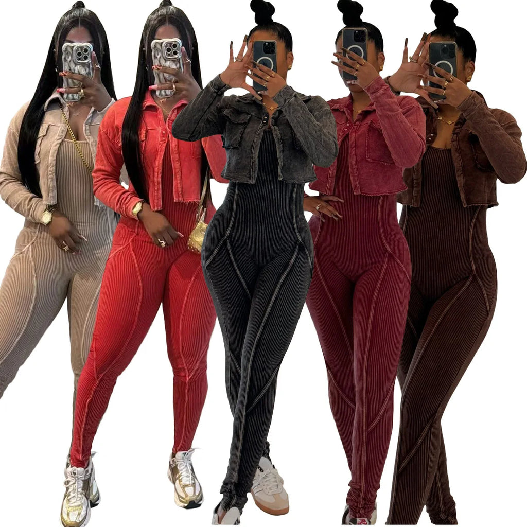 Two Piece Set Y2K Bodycon Acid Wash Jumpsuit With Jacket Light Washed 2 Piece Set Woman Jumpsuit