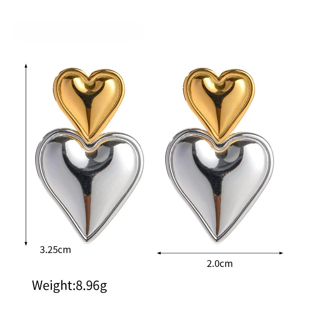 New Fashion Stainless Steel Jewelry Tarnish Free 18K Gold Plated  Double Heart Drop Earrings for Women