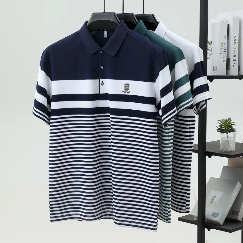 Striped short sleeve polo shirt men's luxury brand embossed T-shirt golf top