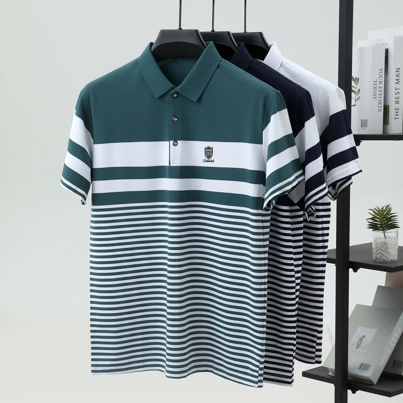 Striped short sleeve polo shirt men's luxury brand embossed T-shirt golf top