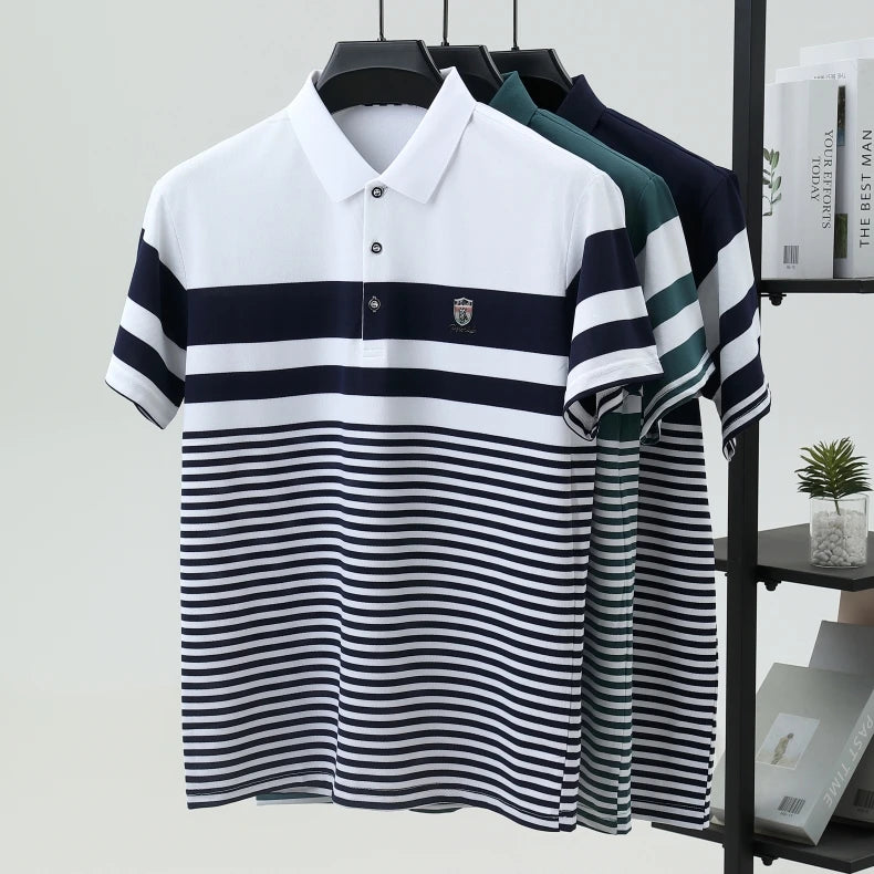 Striped short sleeve polo shirt men's luxury brand embossed T-shirt golf top