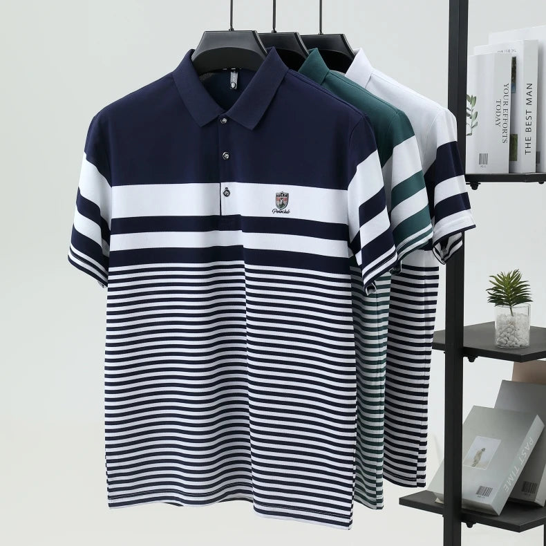 Striped short sleeve polo shirt men's luxury brand embossed T-shirt golf top